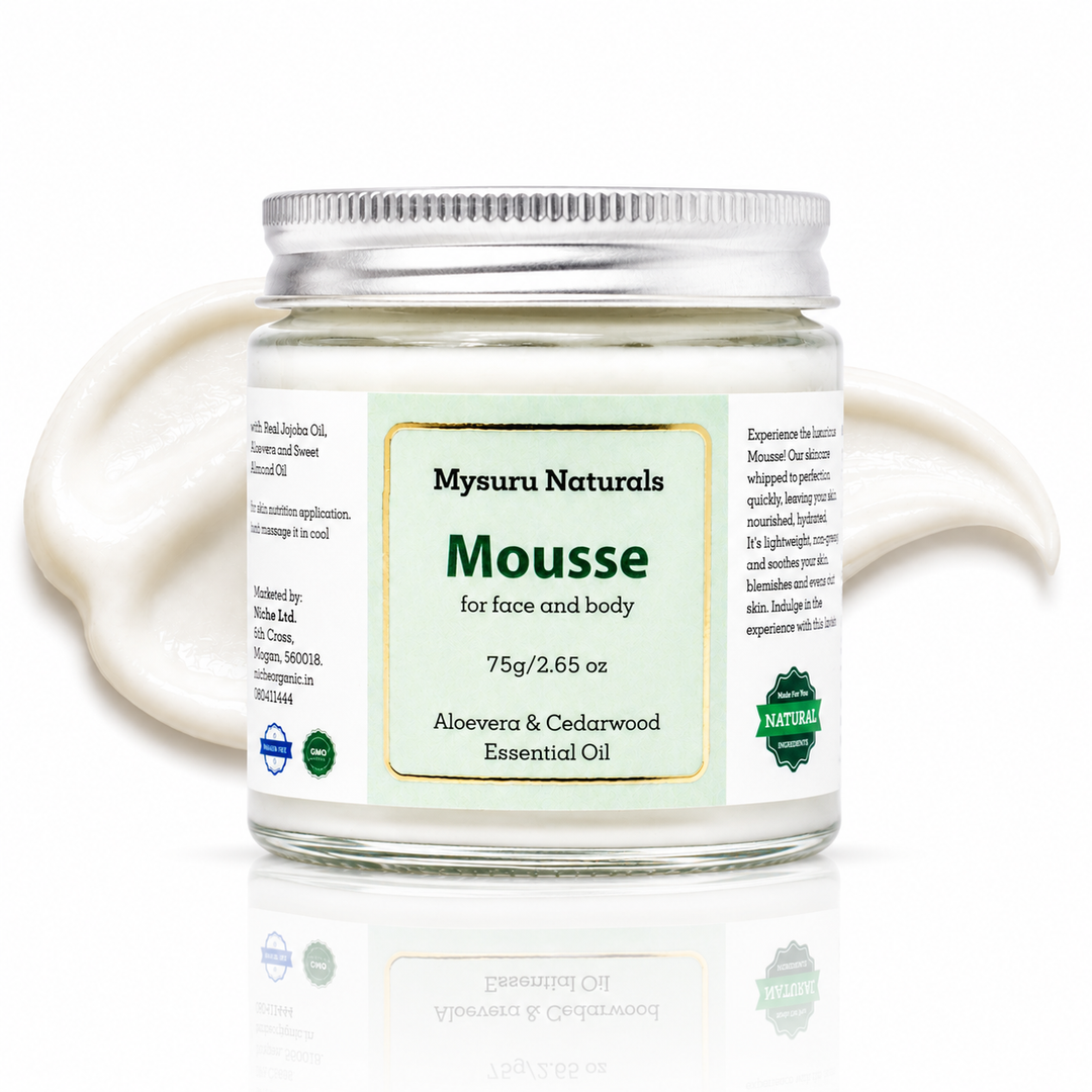Mysuru Naturals mousse jar with label on a white background