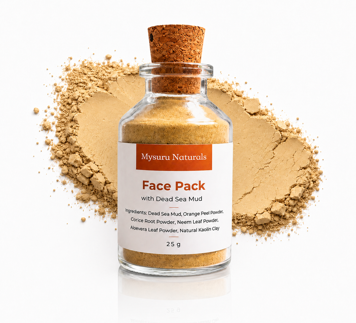 Glass jar of mysuru naturals face pack with cork lid on a white background