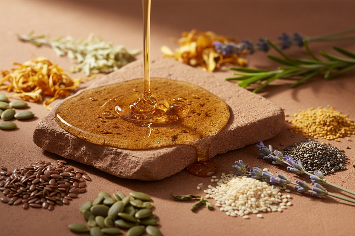 Honey being poured onto a stone surface with various herbs and seeds on a brown background