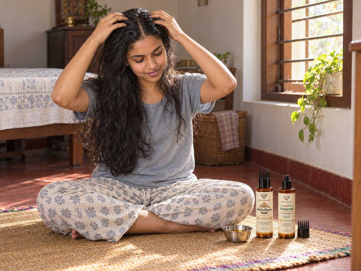 A young woman giving herself a champi at home with Mysuru Naturals hair oils