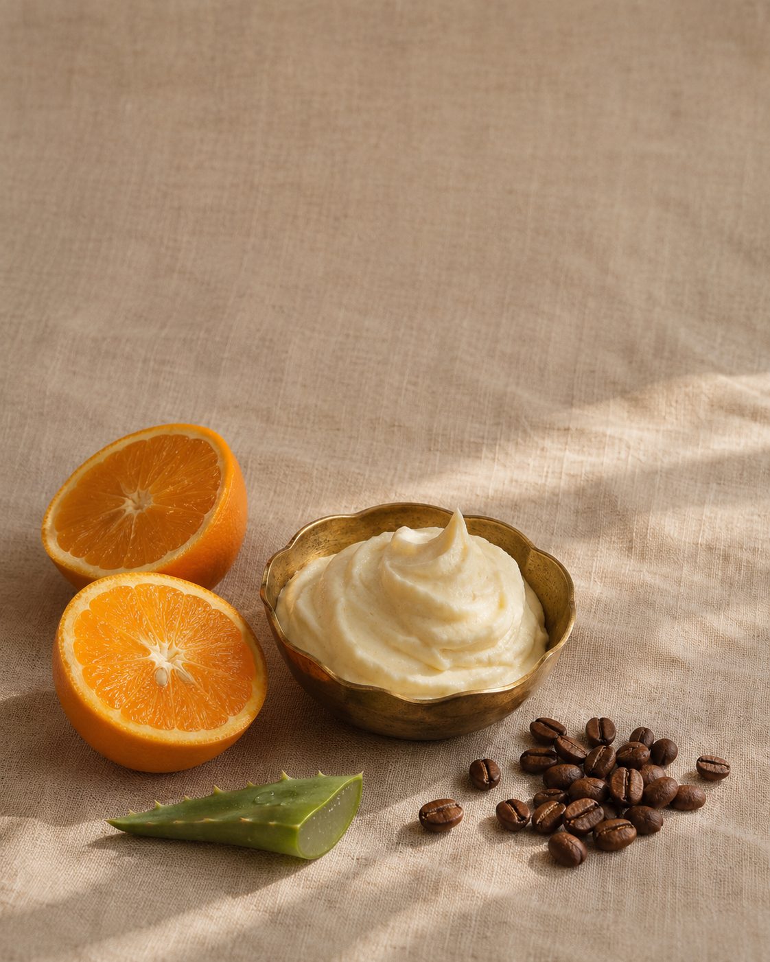 Coffee orange mousse in a brass bowl with sweet orange, coffee beans and aloe vera