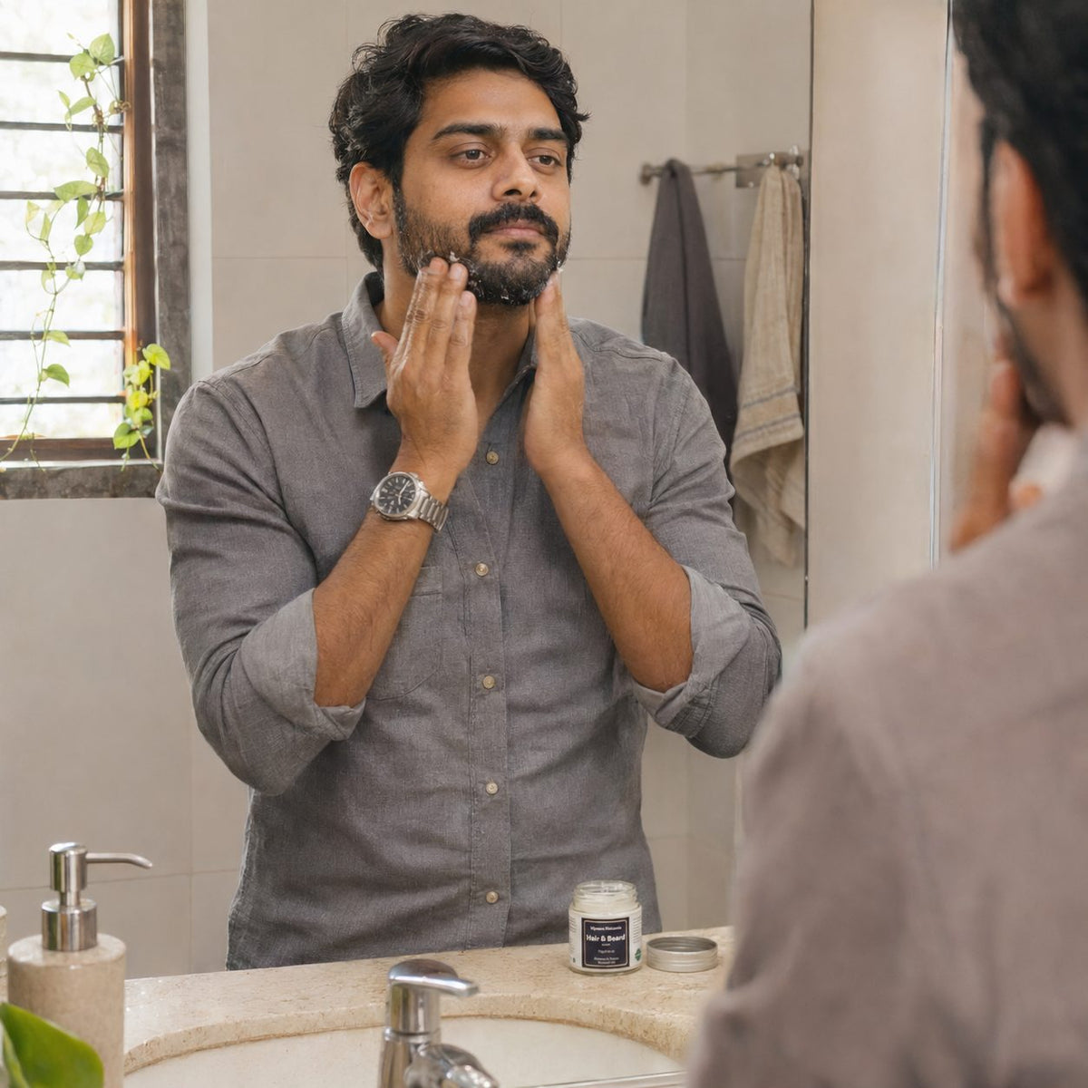 Man working Hair & Beard Prewash Cream into his beard at the mirror