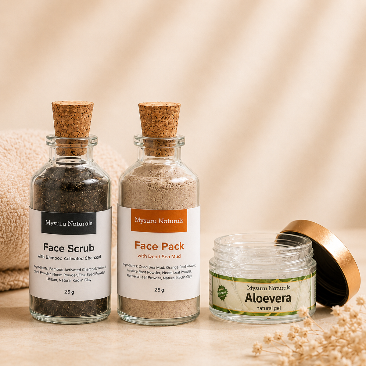 Three glass jars with natural products on a wooden surface with a beige background